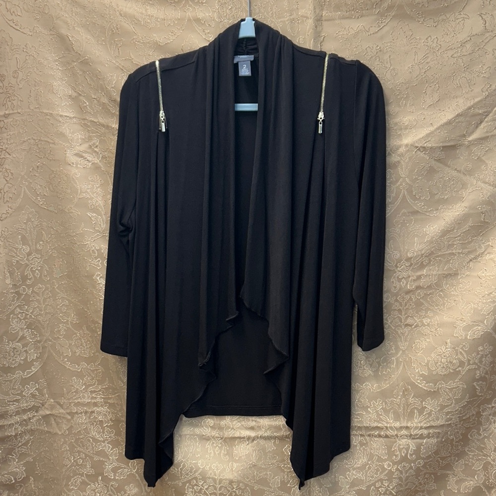 Chico's Brown Draped Open Cardigan with Gold Zipper Accents